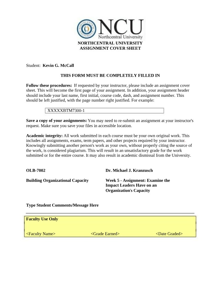 Week 5 Assignment - Leader Impact on Organizational Capacity