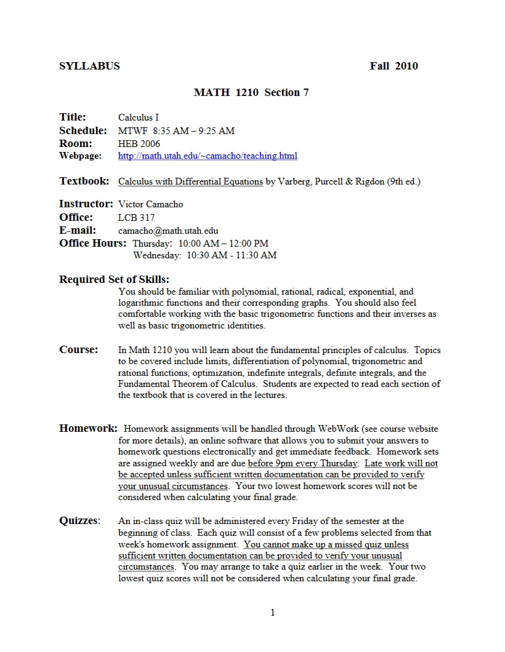 Calculus I Syllabus