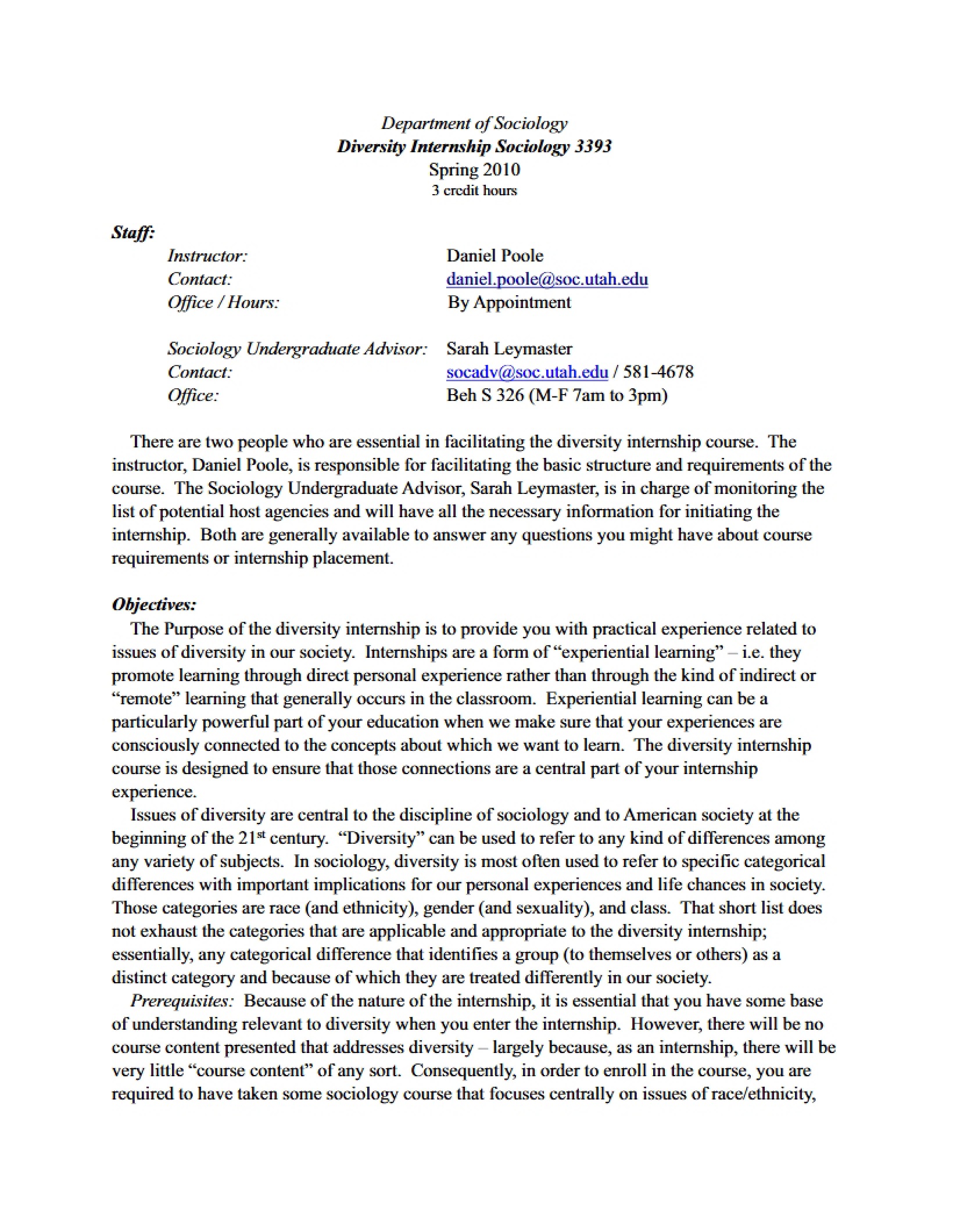 Syllabus for Diversity Internship