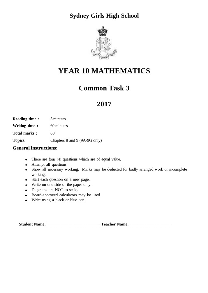 Year 10 Mathematics - Task 3