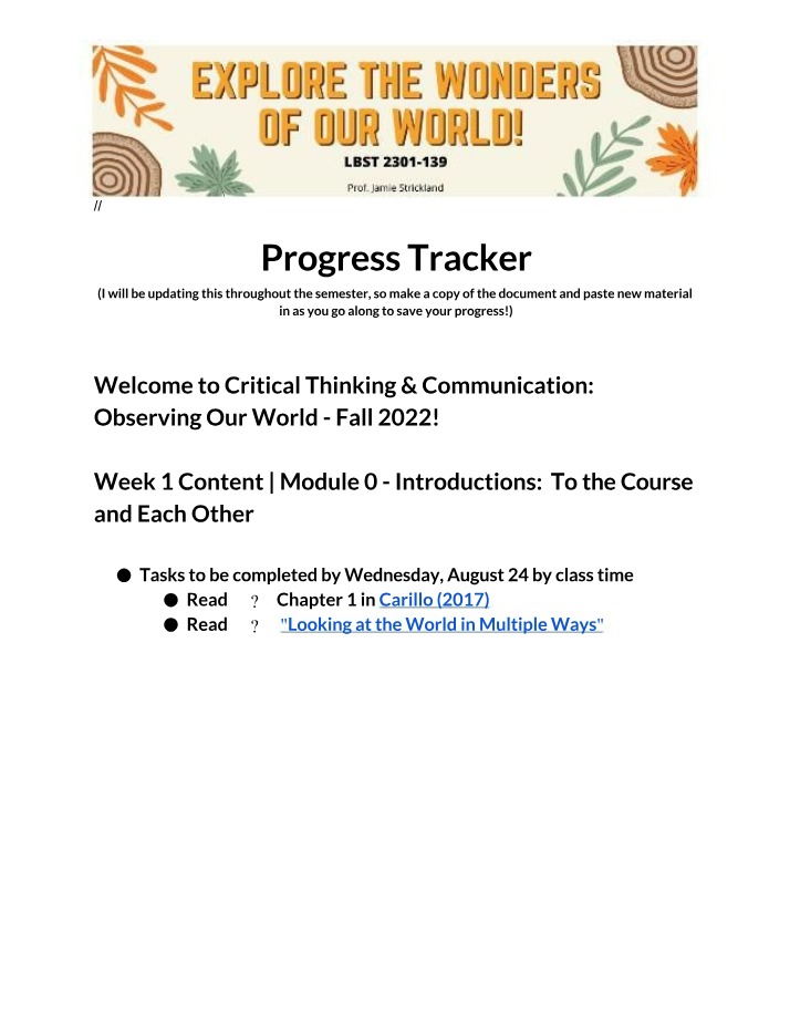Fall Progress Tracker - Critical Thinking & Communication Observing Our World