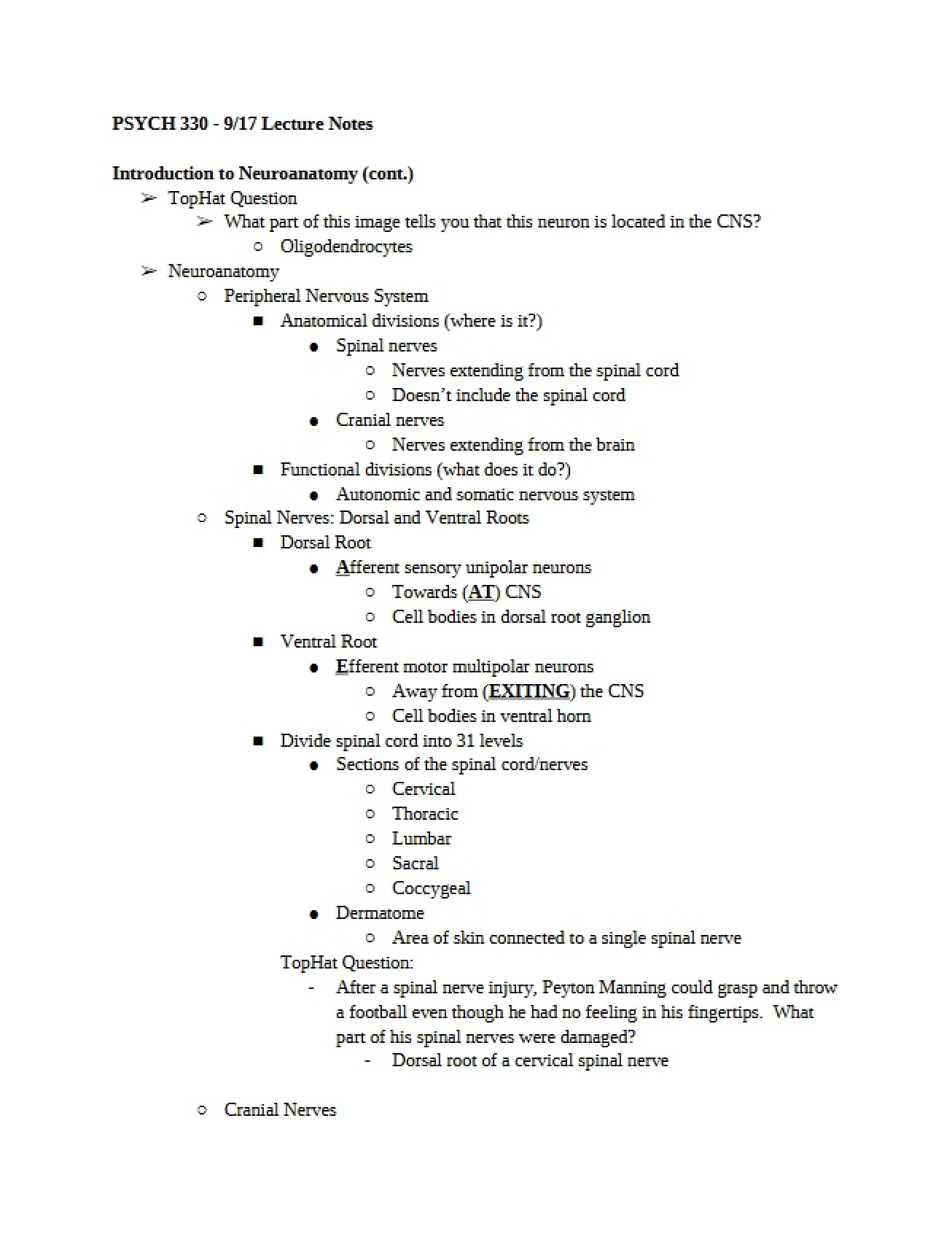 Intro to Neuroanatomy Continued