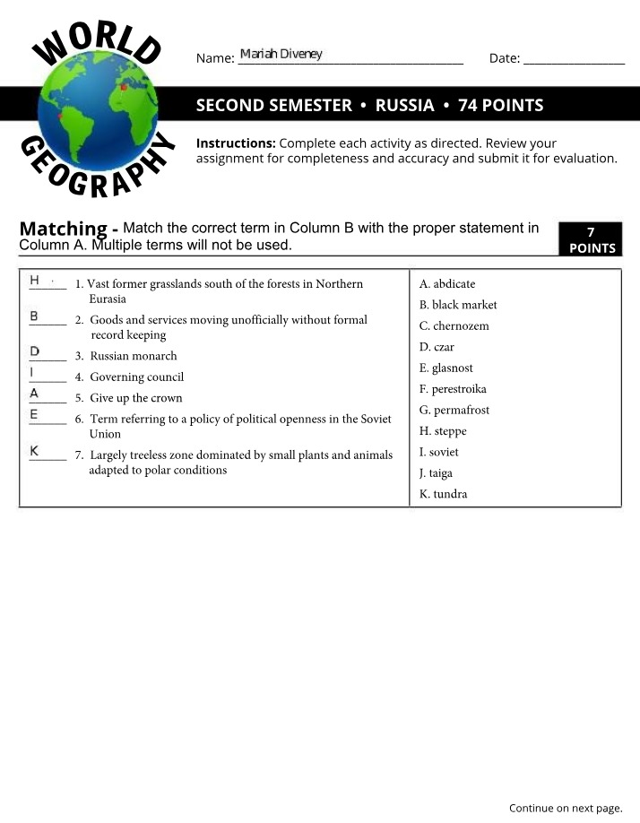 Worksheet on Russia