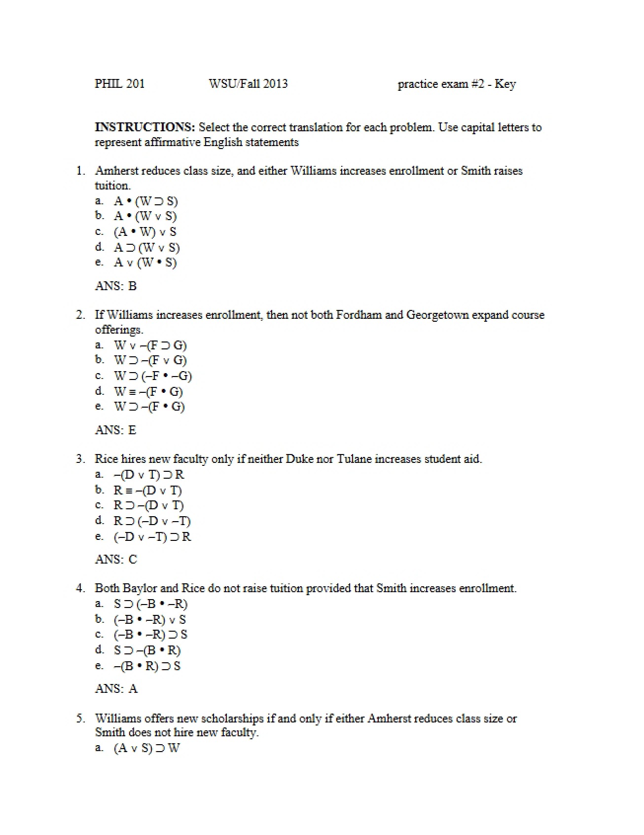 Key for Practice Exam 2 (Fall 2013)