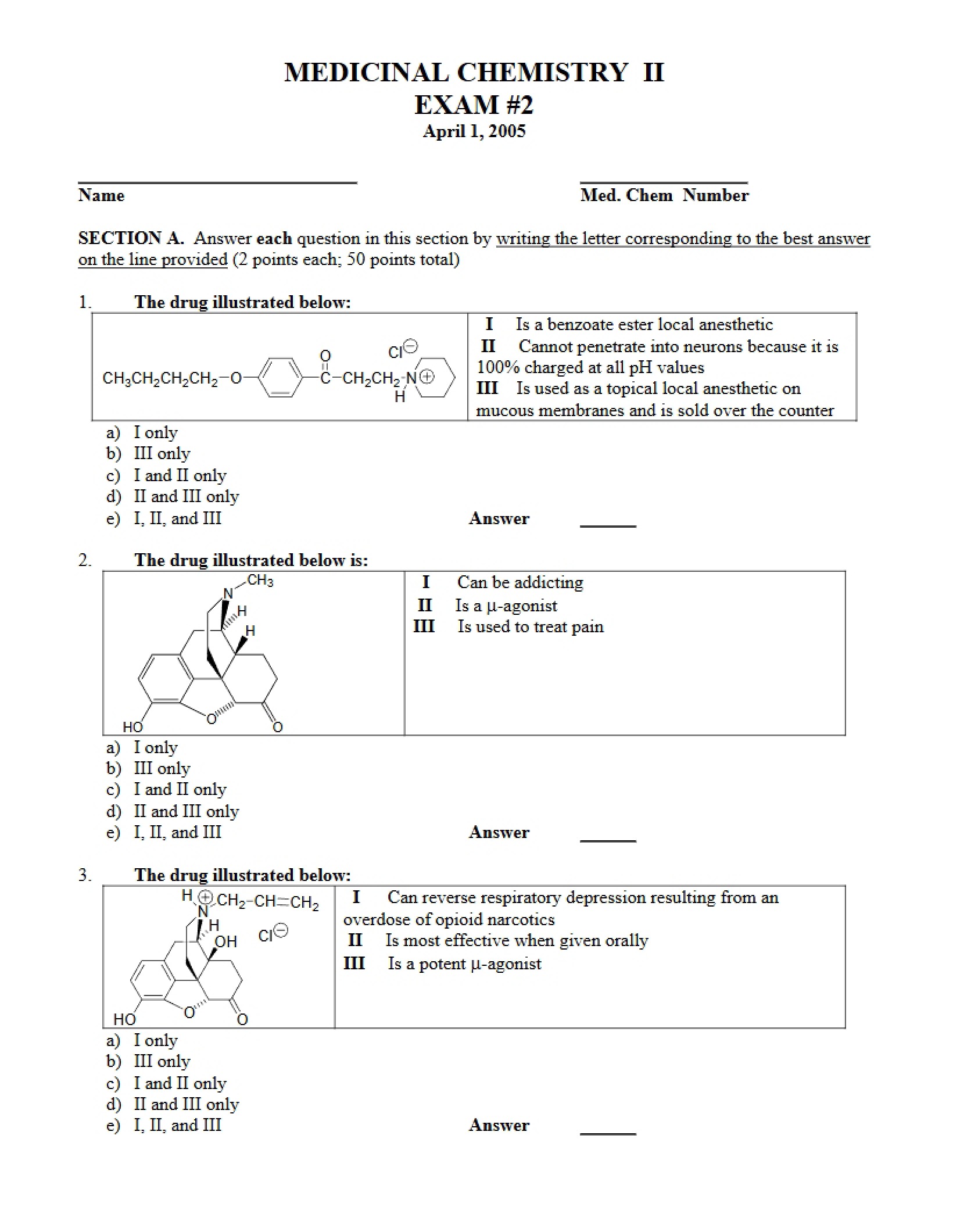 Exam Number Two Medicinal Chemistry Two