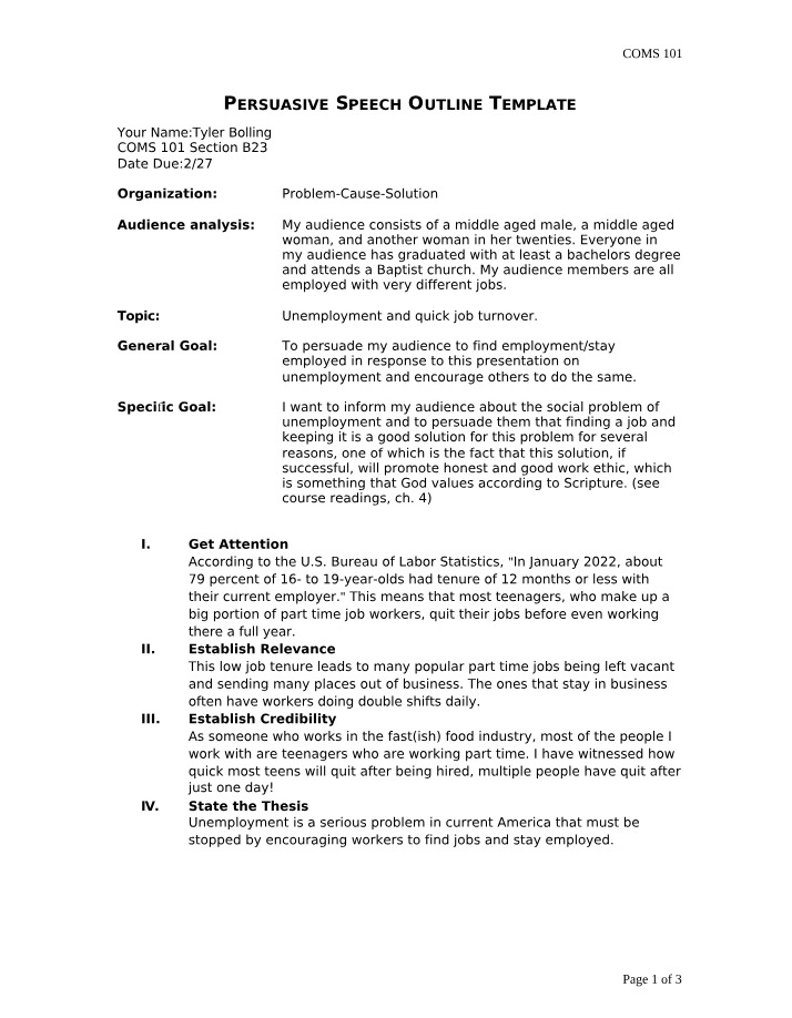 Persuasive Speech - Outline Template