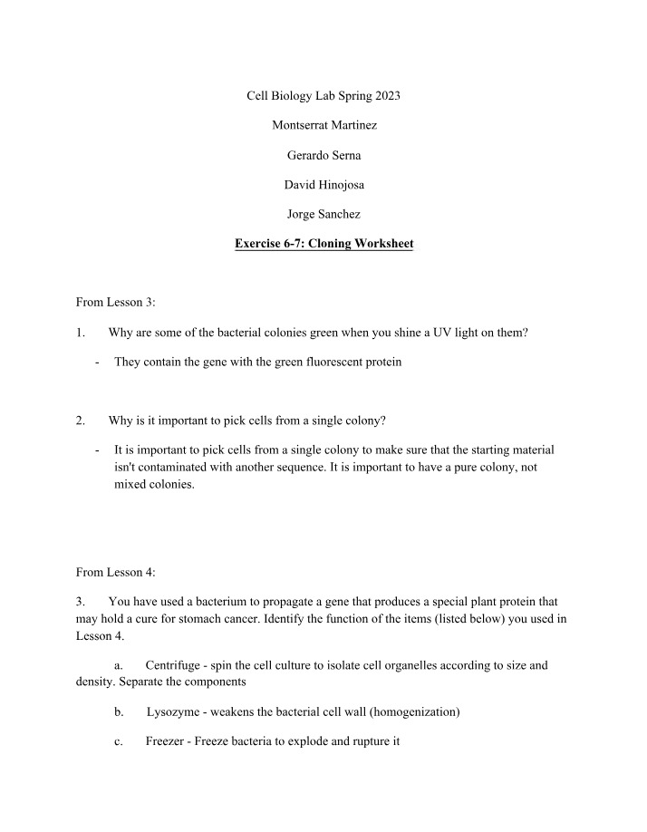 Cell Biology Lab - Gene Expression and Cloning Worksheet
