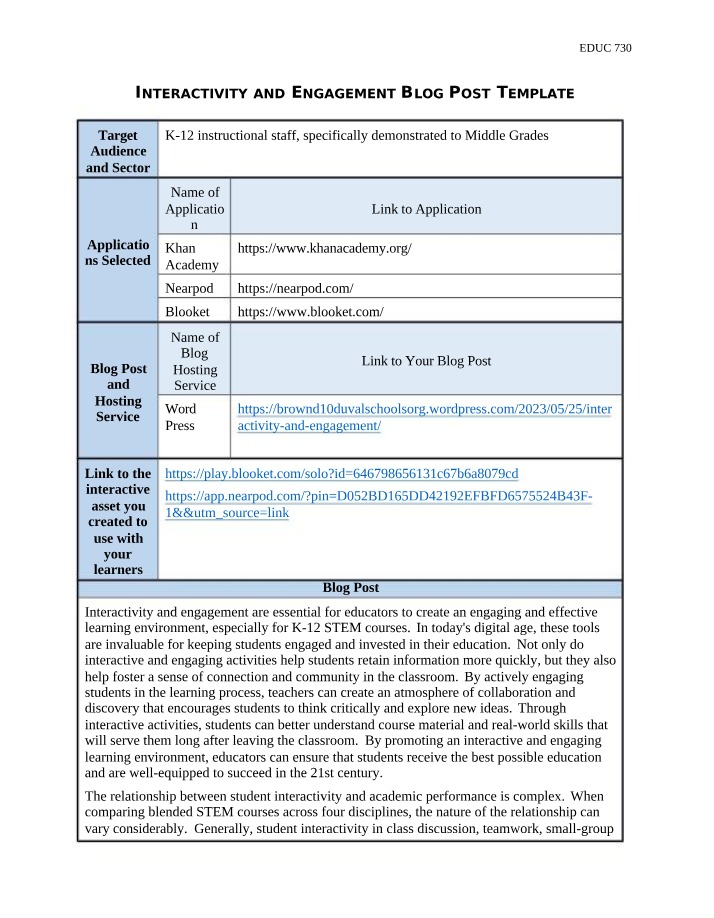 Interactivity and Engagement in K-12 STEM Courses