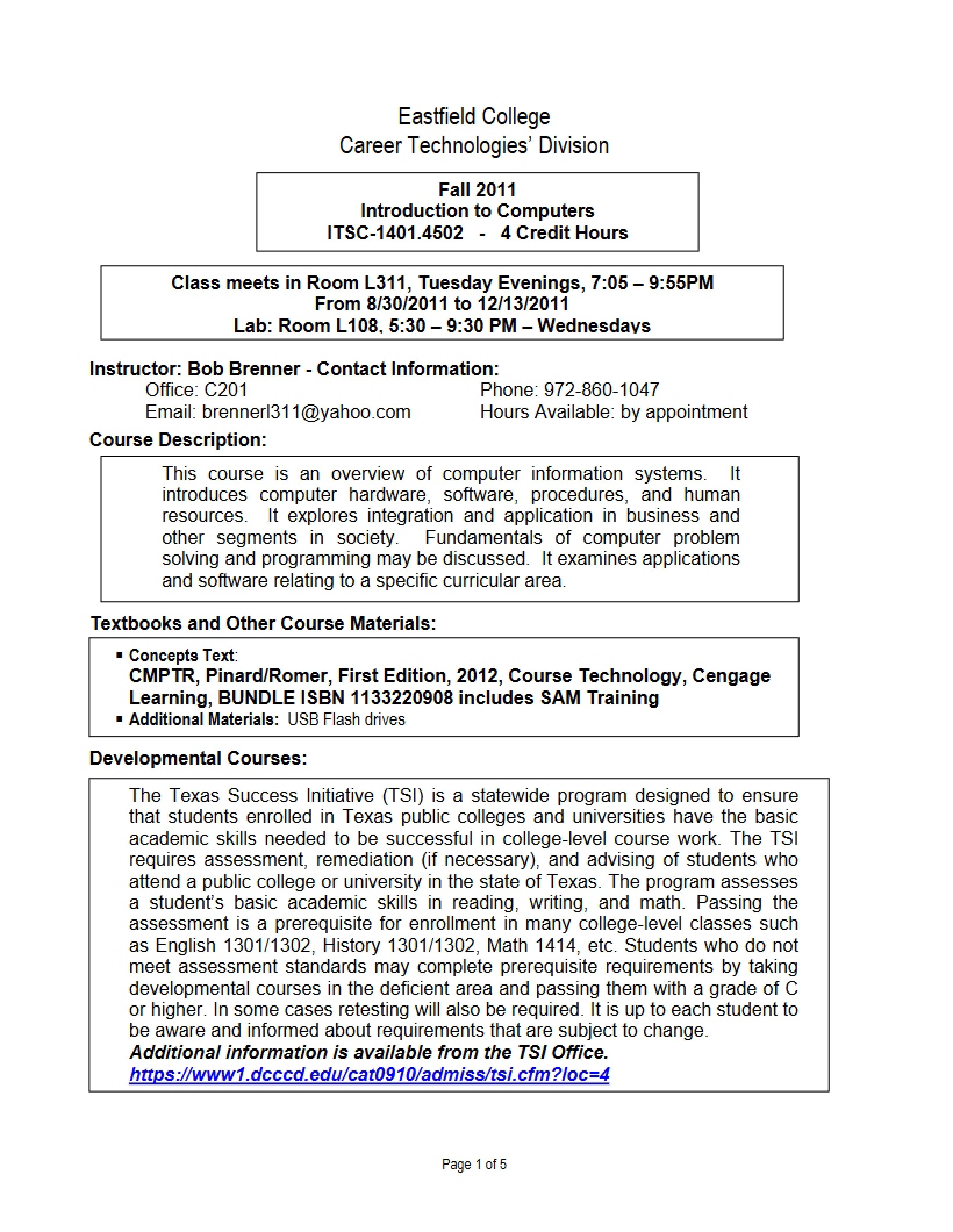 Introduction to Computers Course Syllabus - ITSC 1401