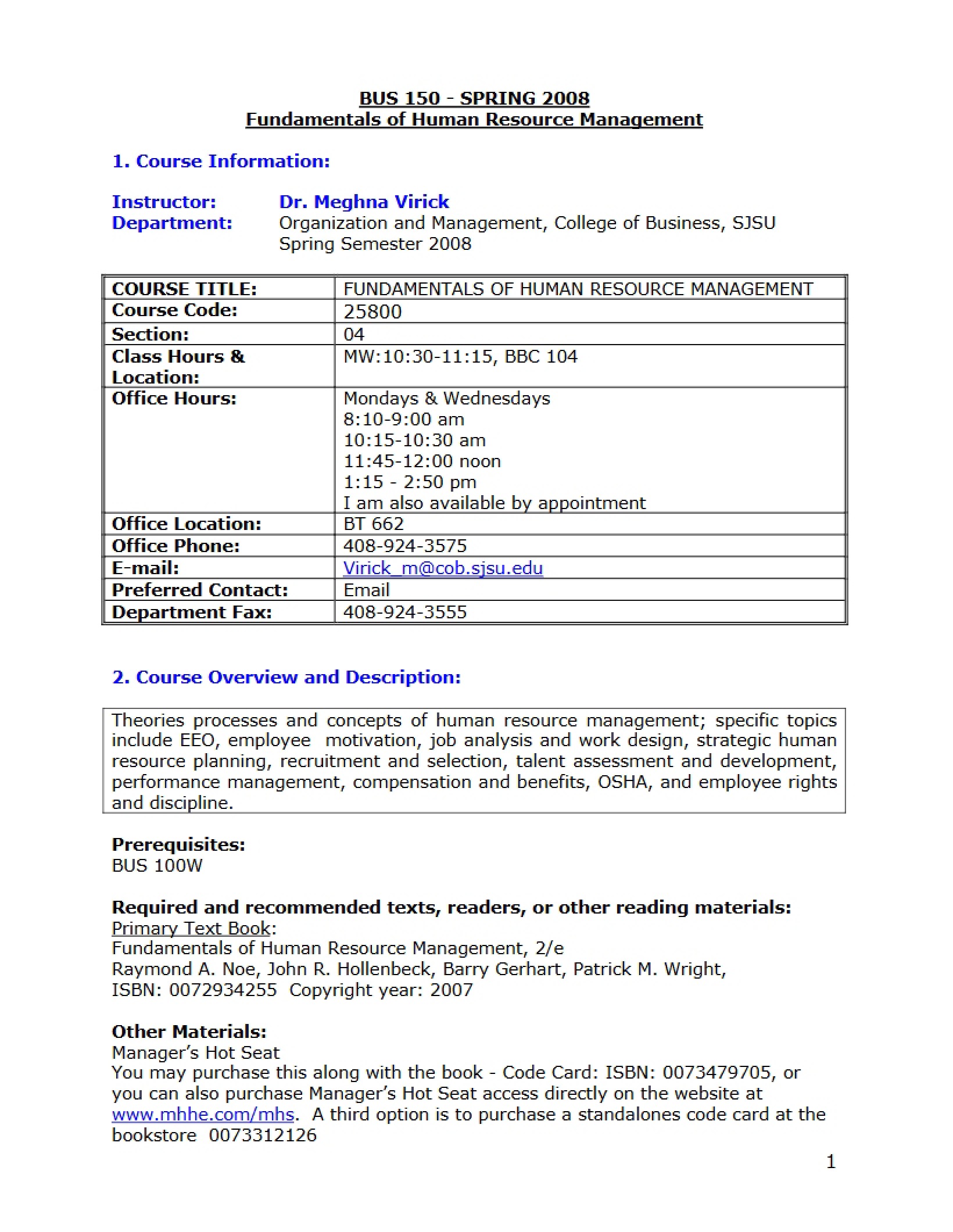 HR Management Fundamentals Syllabus