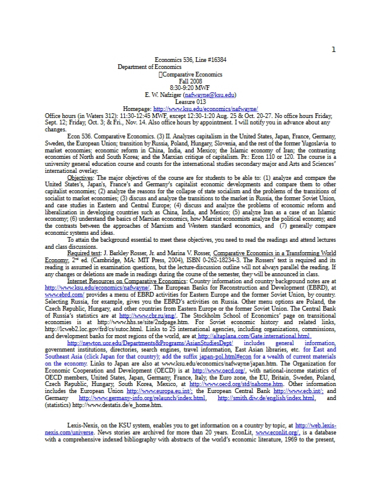 General Syllabus for a Course on Comparative Economics