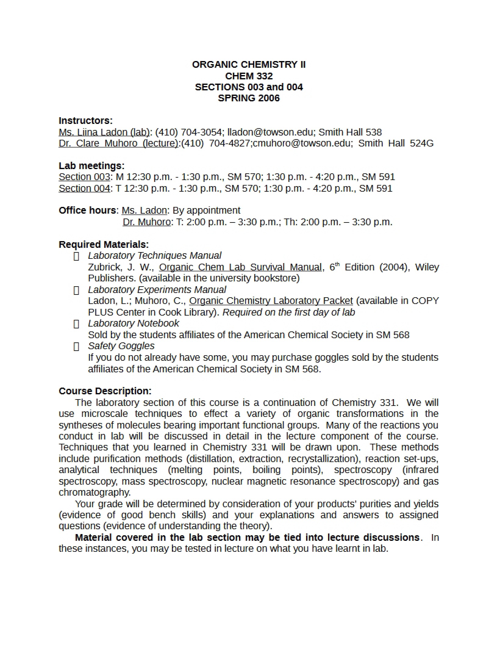 Syllabus for Organic Chemistry II