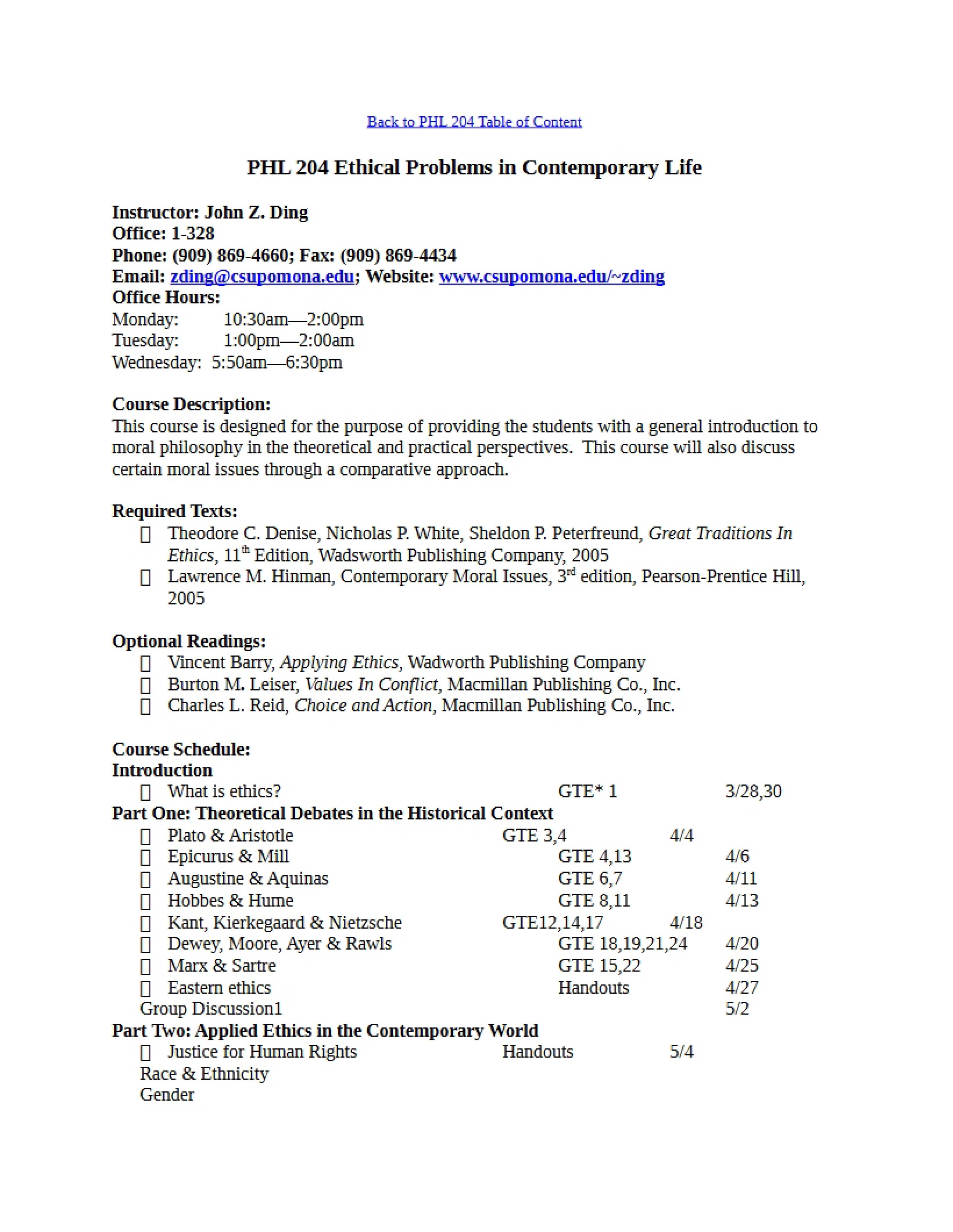 Contemporary Life Ethics Syllabus