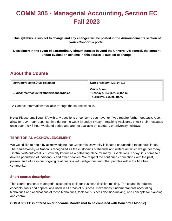 Syllabus for Managerial Accounting - Tools for Business Decision Making