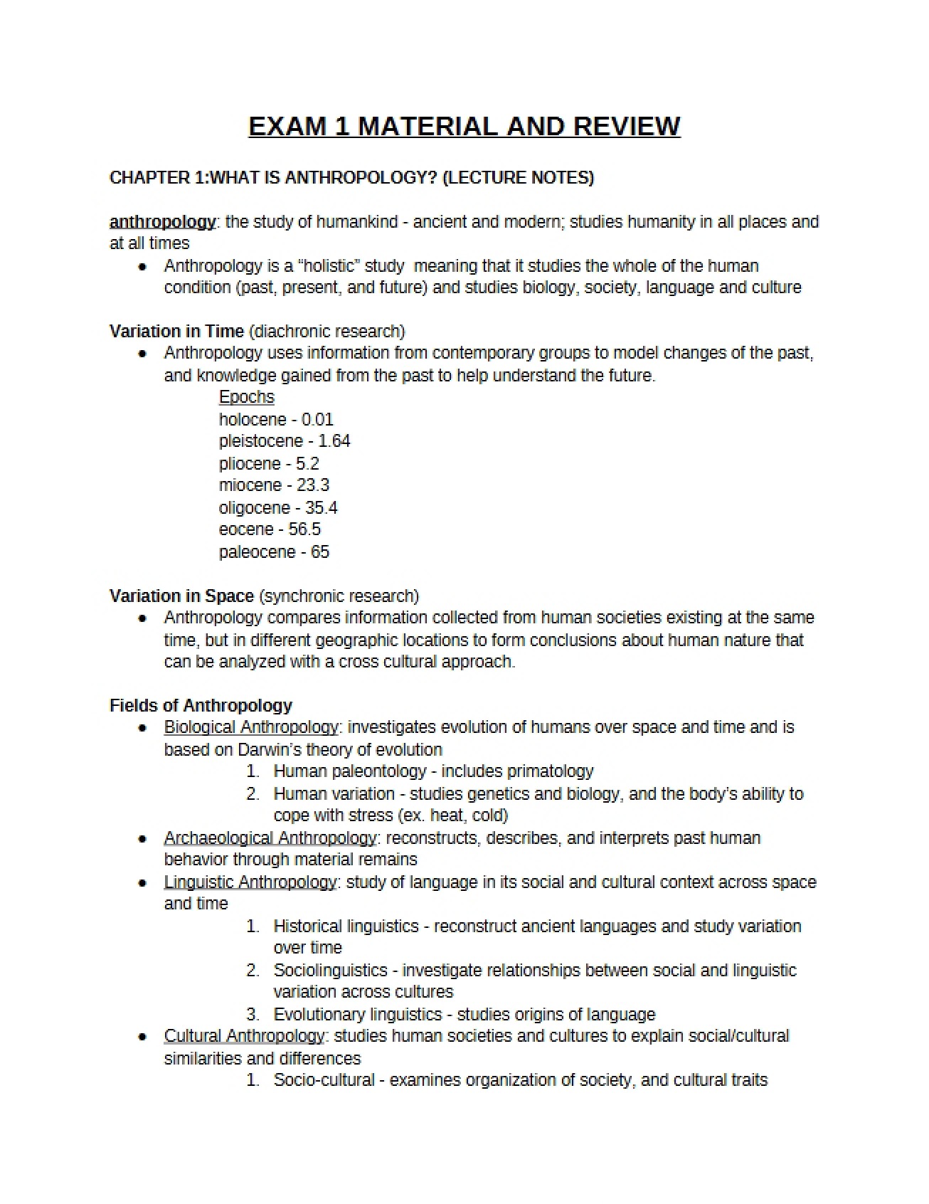 First Examination for Introduction to Anthropology