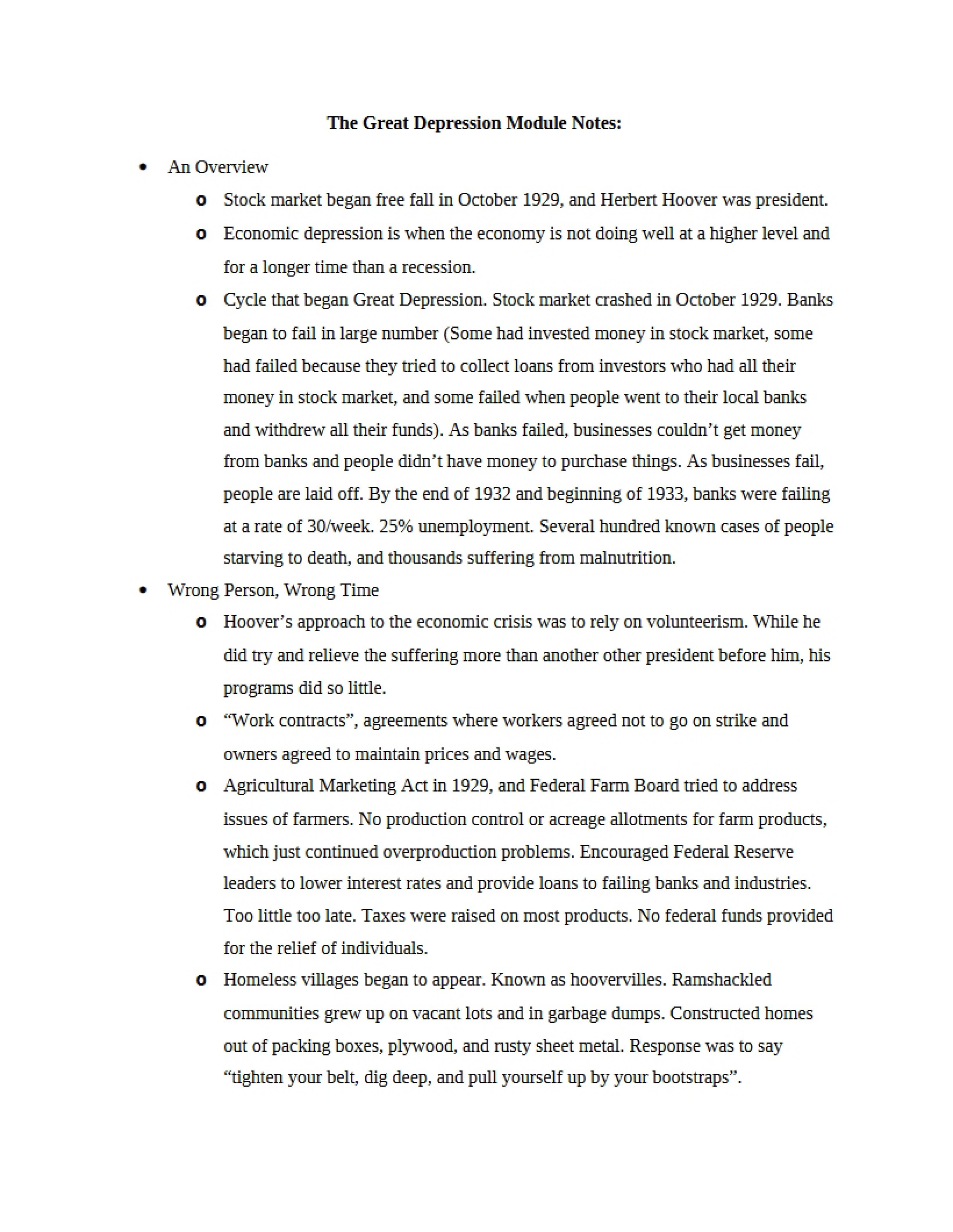 Notes on Great Depression Module