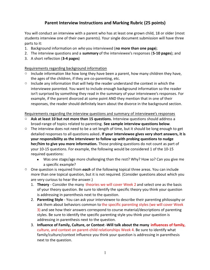 Marking Rubric and Parent Interview Instructions