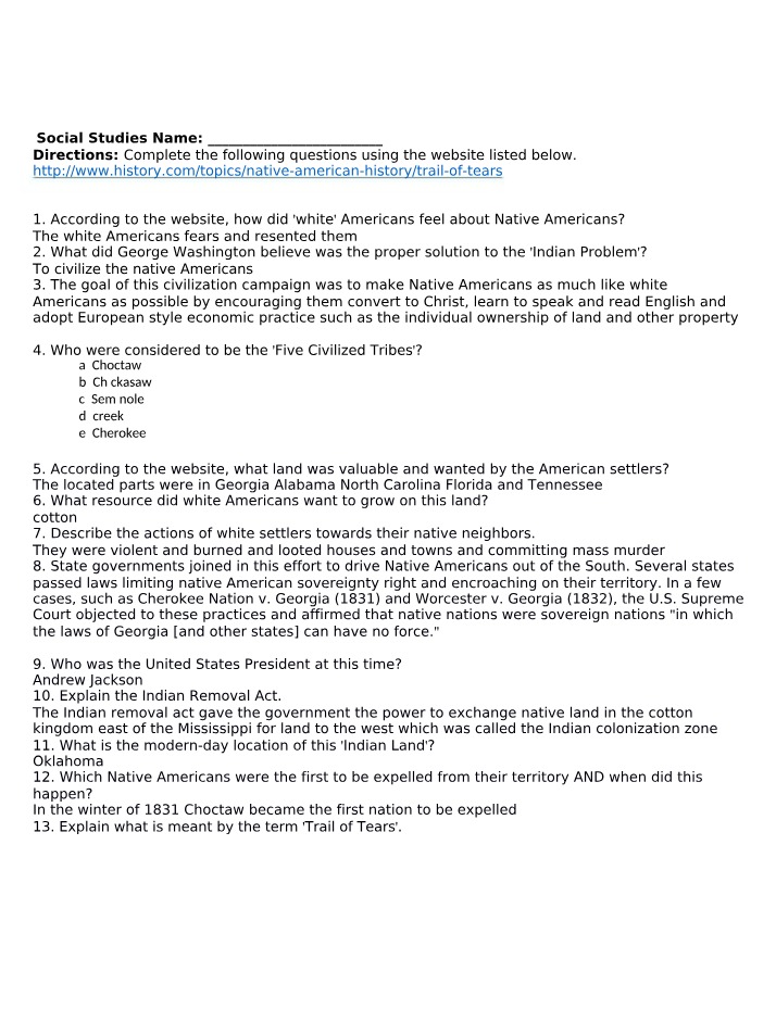 Questions on the Trail of Tears