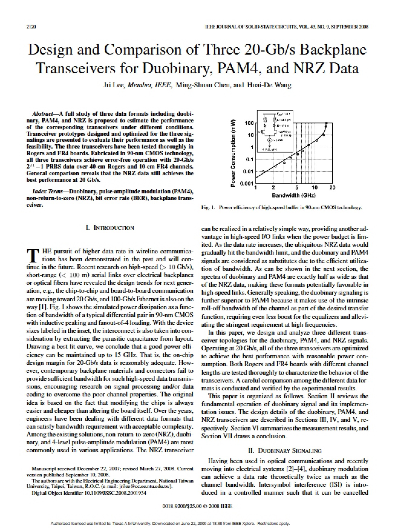 Publication on 20G Duobinary PAM4 NRZ Transceivers by Lee from JSSC 2008