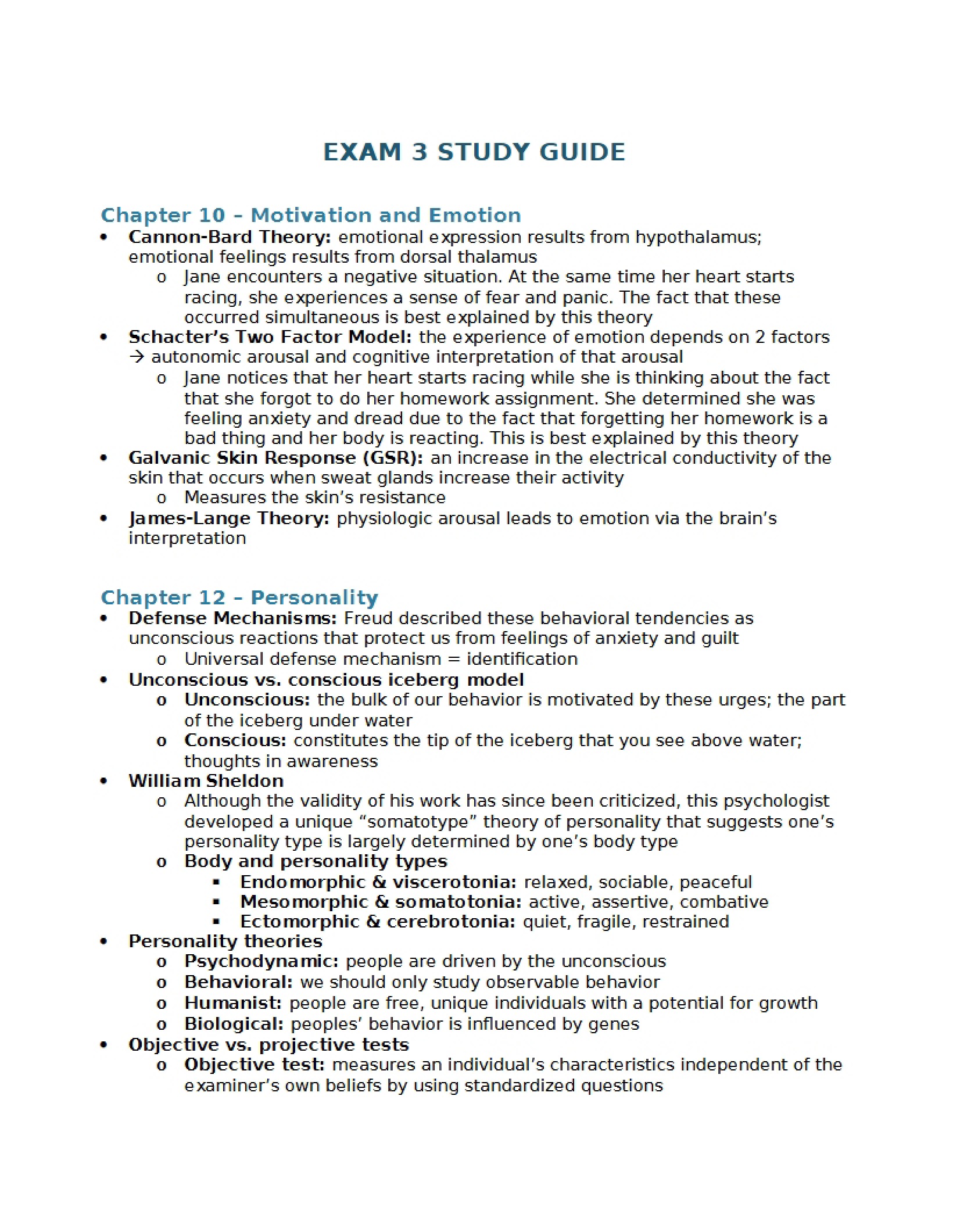 Study Guide for Third Exam