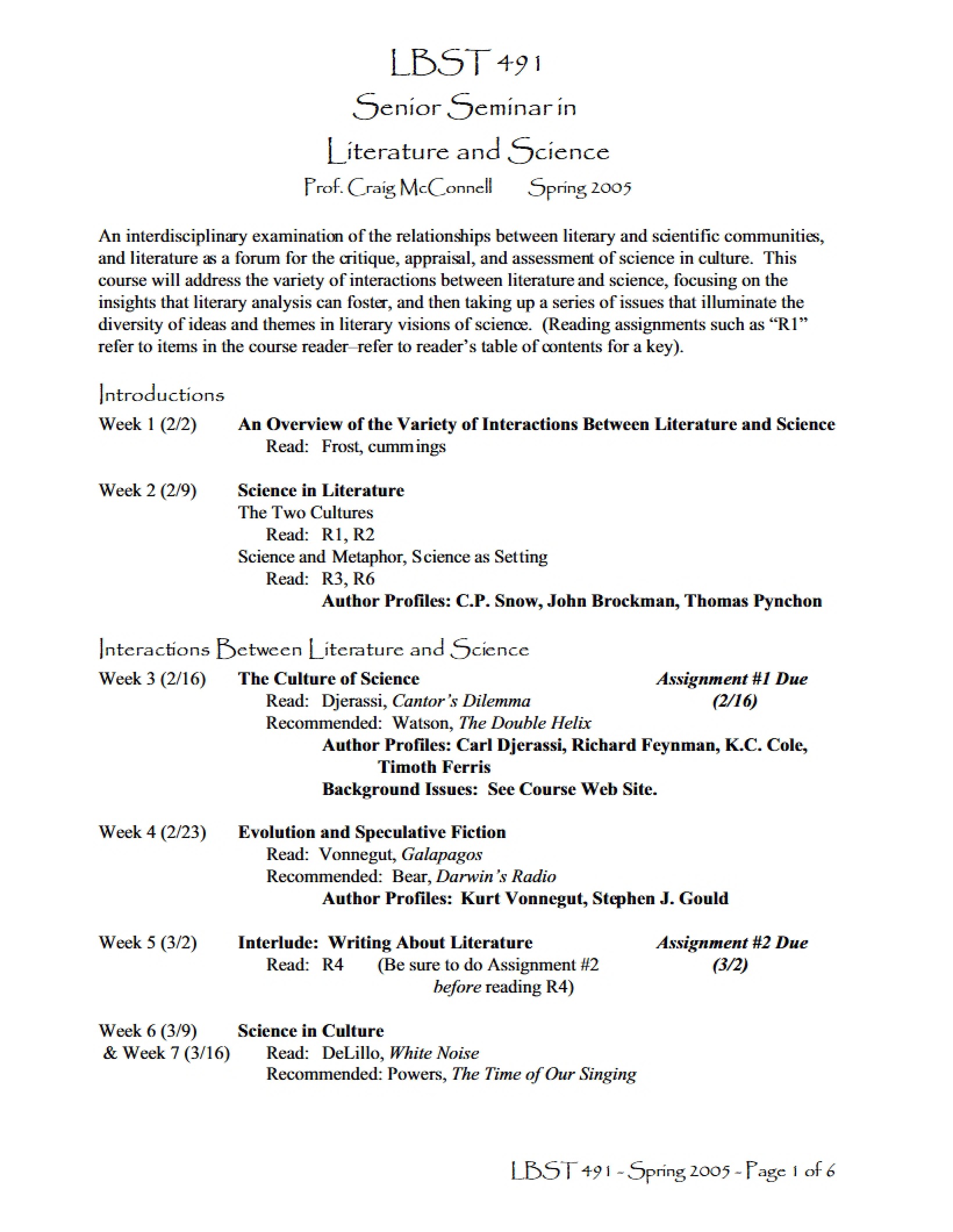 Literature and Sciences Seminar Syllabus