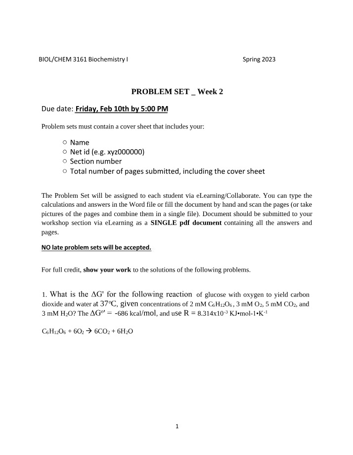 Biochemistry Problem Set 2 Key (Jan 30-Feb 3)