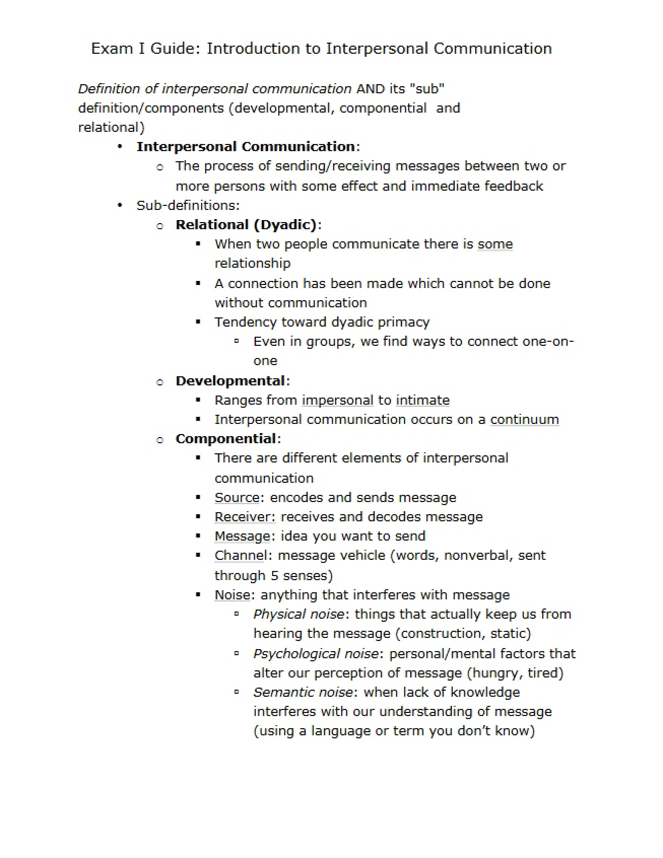 Intro to Interpersonal Comm Exam 1 Guide