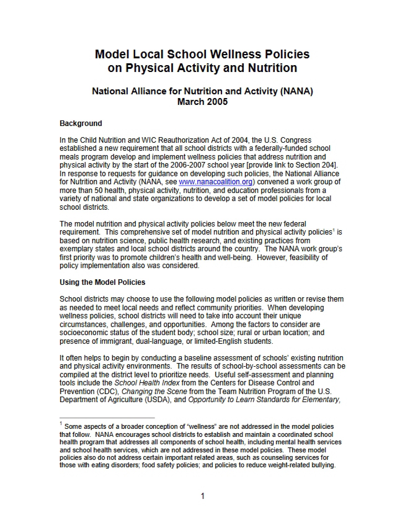 School Wellness Policy Models