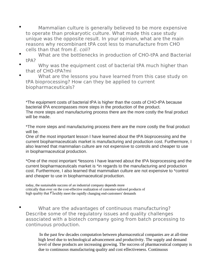 Reducing Manufacturing Costs of tPA in CHO Cells