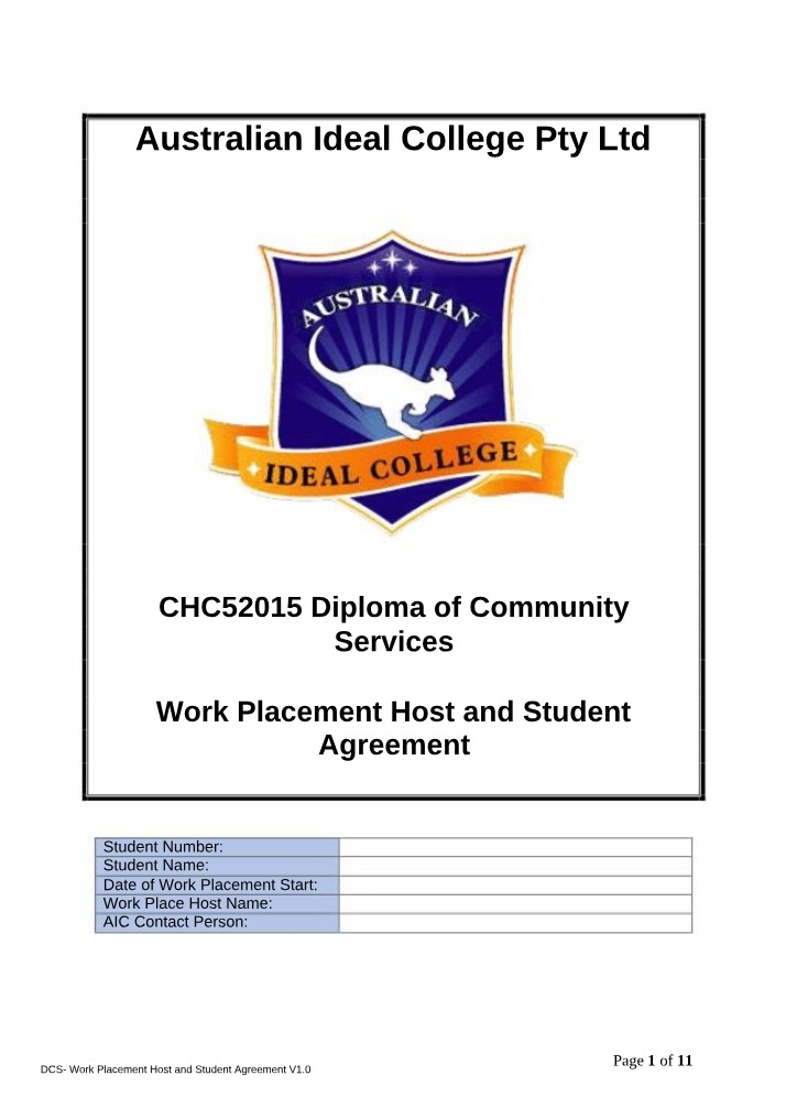 Work Placement Host and Student Agreement - DCS V1.0