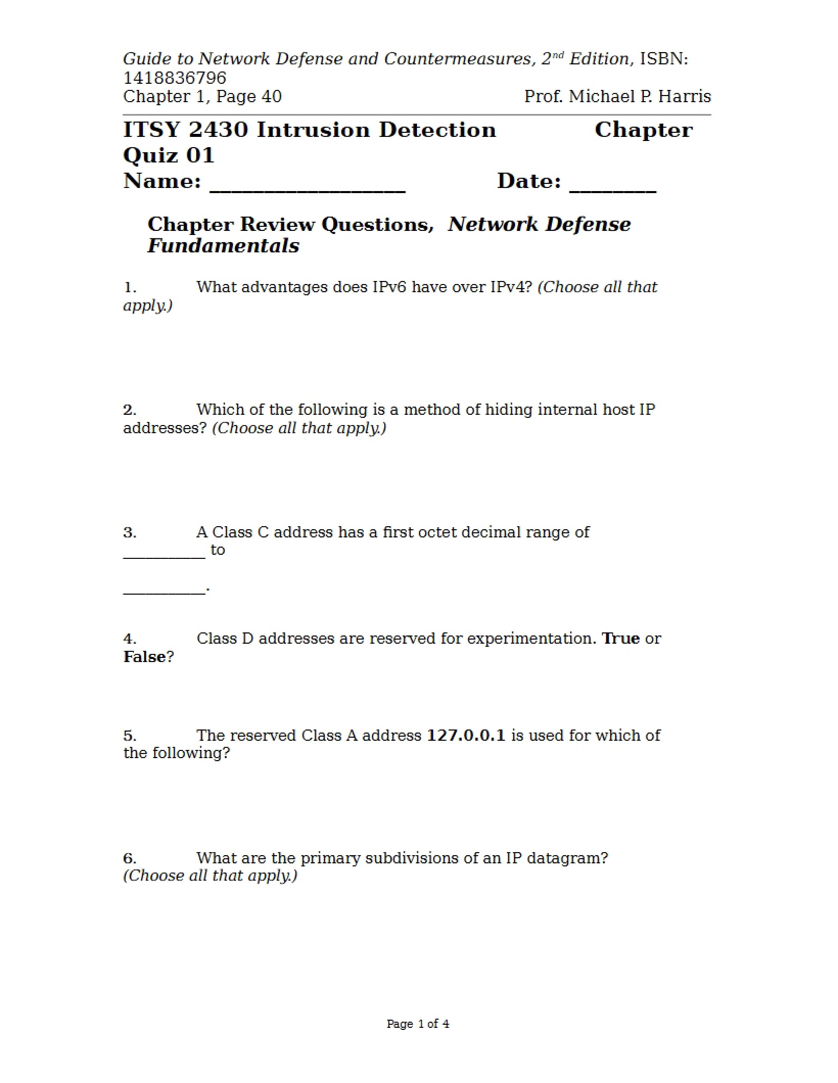 Quiz for Chapter One