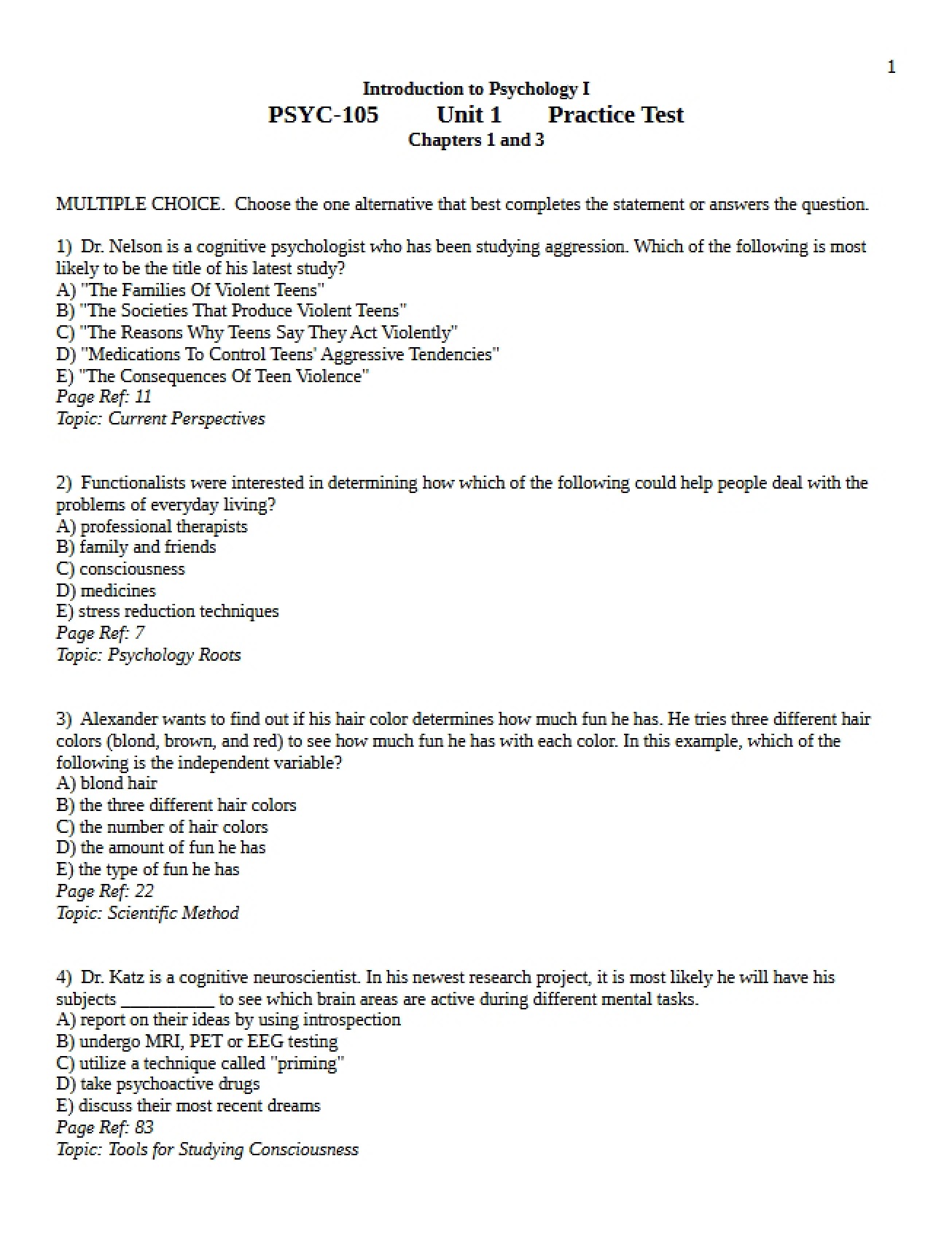 Psychology I Study Guide