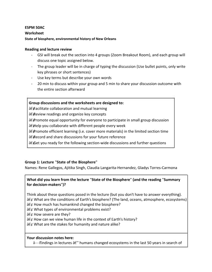 Worksheet - State of Biosphere and Environmental History of NoLa