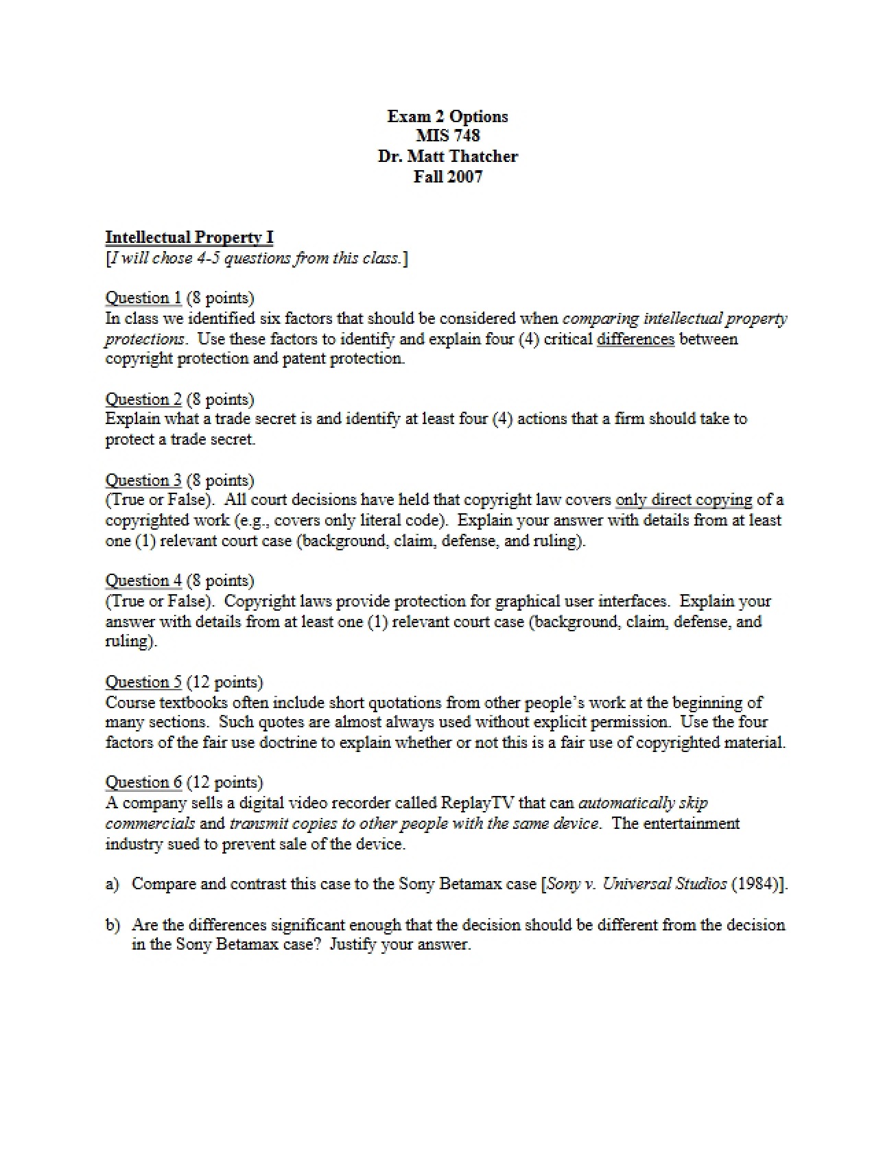 Options for Exam 2 (MIS 748)