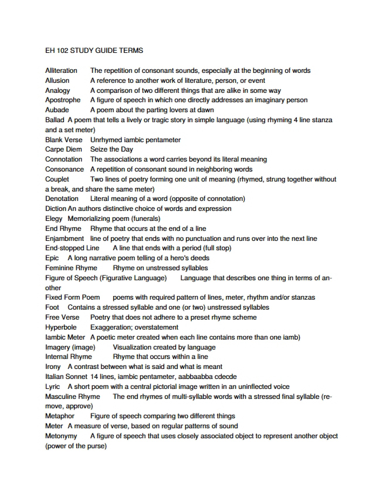 Set of Study Guide Terms for an English Composition Course
