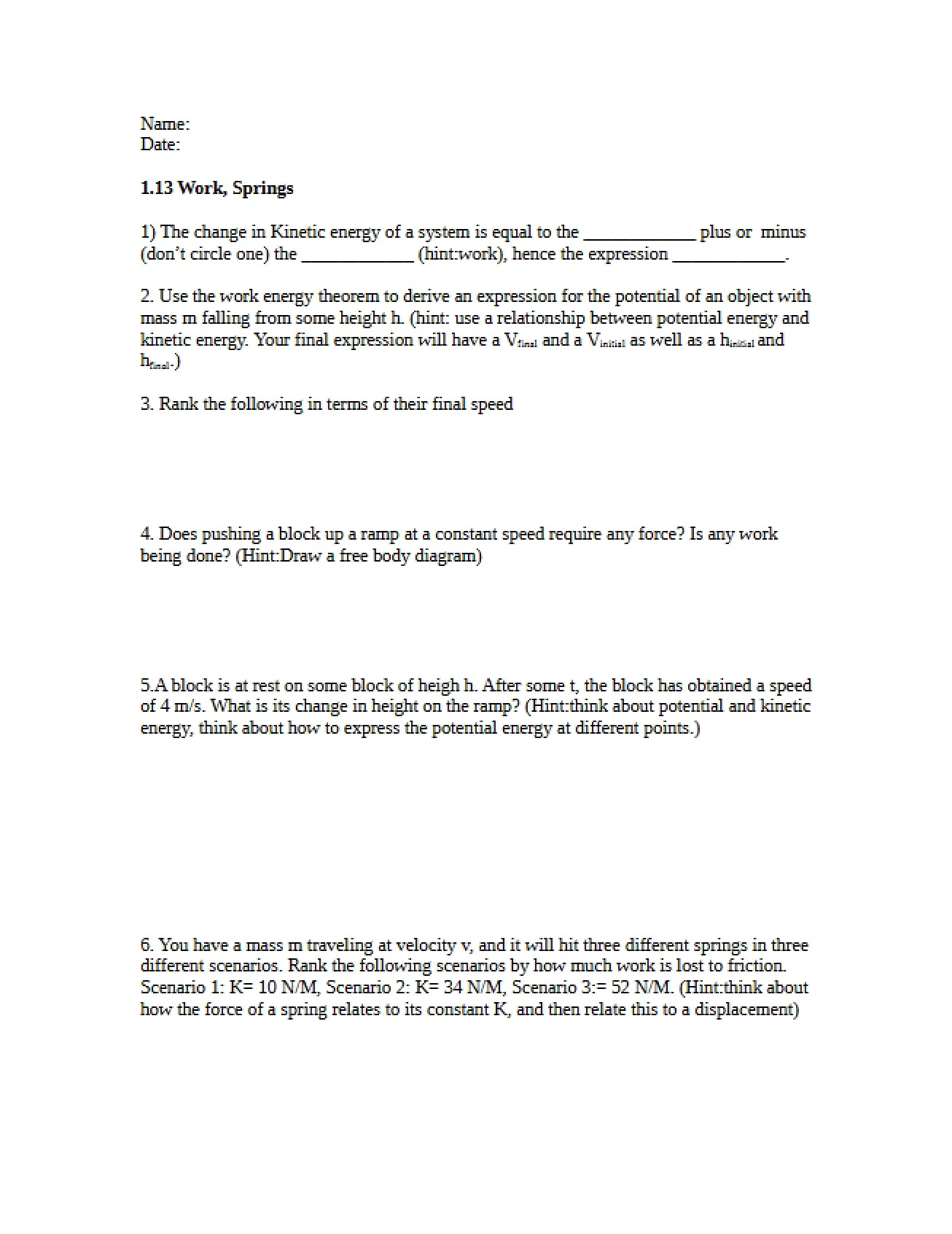 General Worksheet for Introduction to Classical Physics I