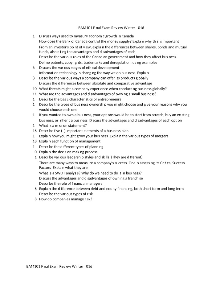 BAM101 Winter 2016 Final Exam Review