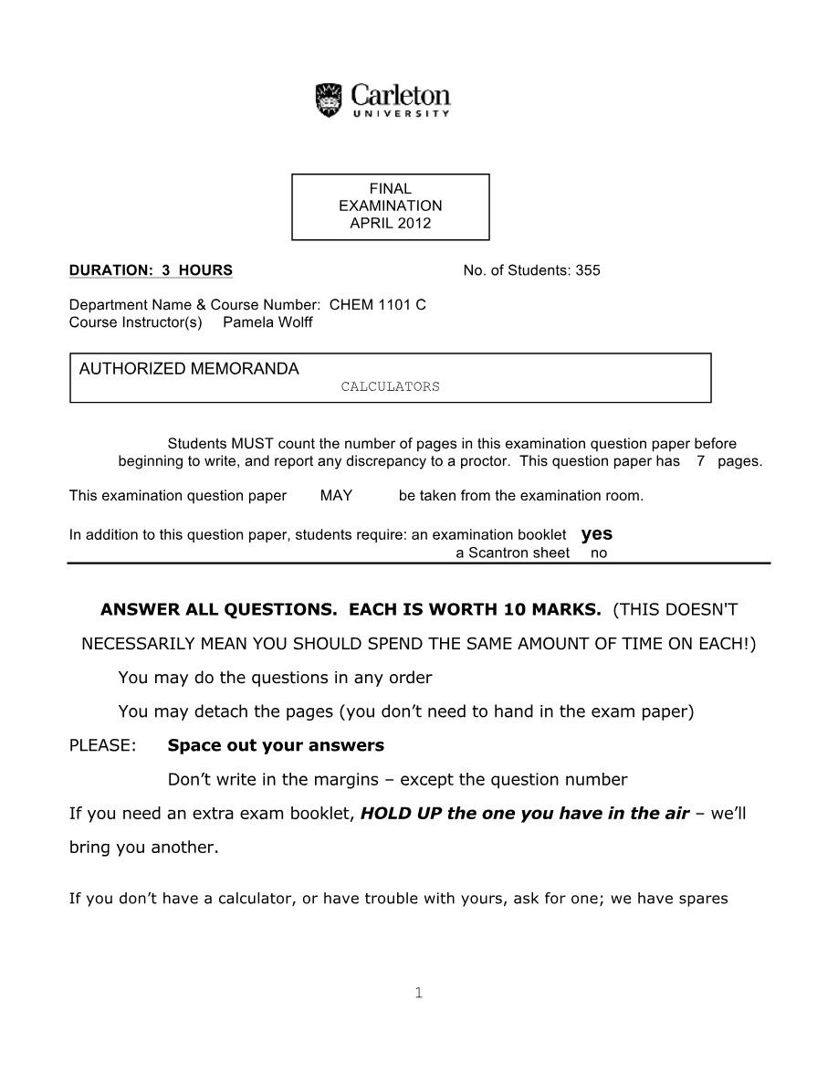 CHEM 1101 C Final Exam - April 2012