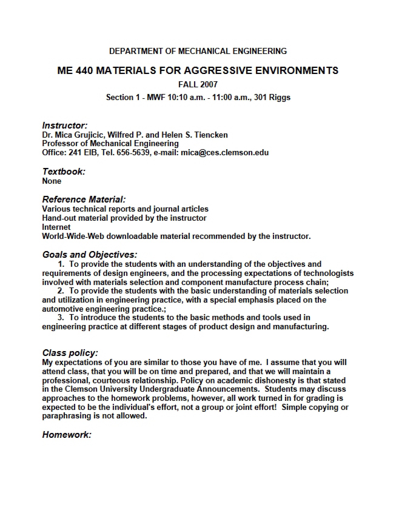 Syllabus for Materials for Aggressive Environments