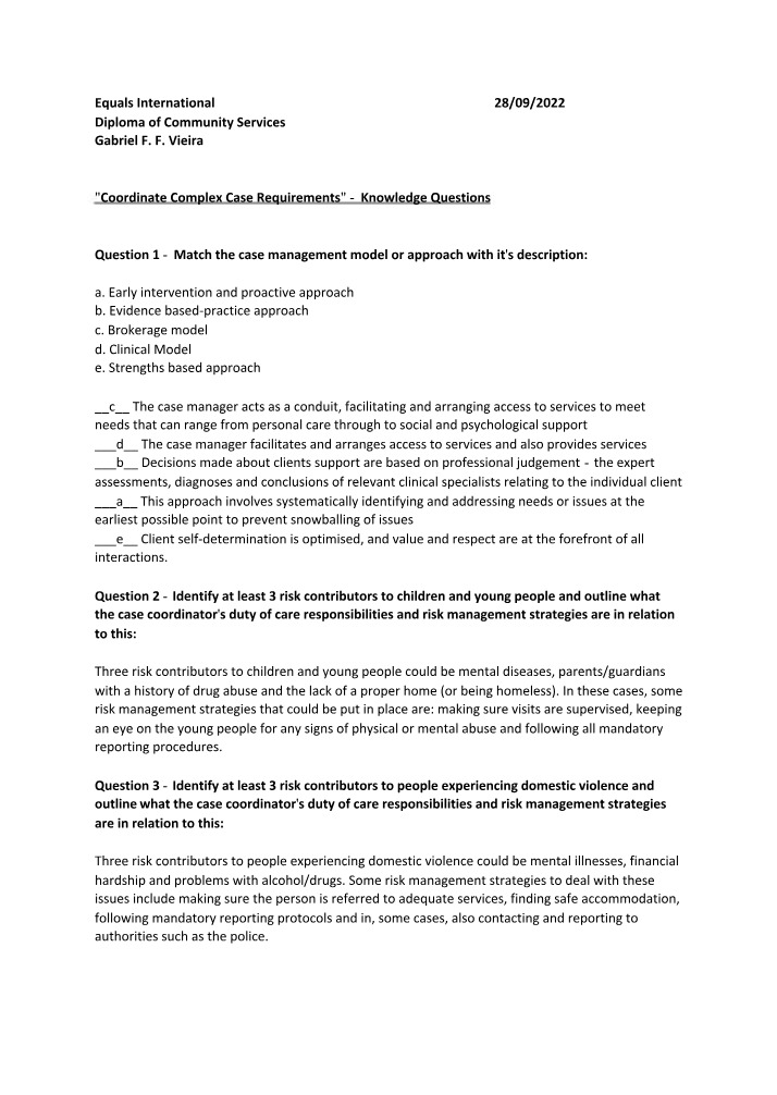 Knowledge Questions for Coordinate Complex
