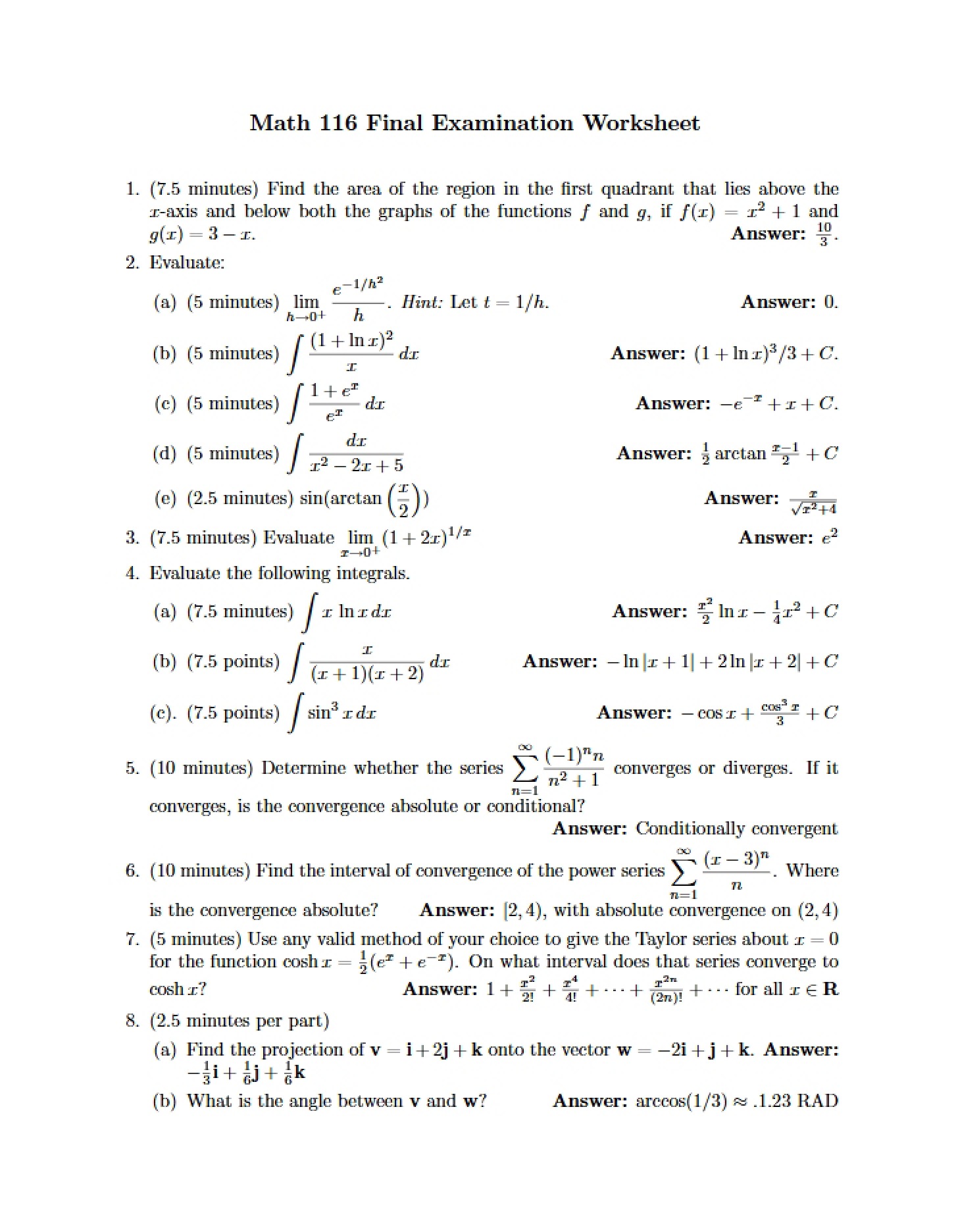 Worksheet for Final Exam
