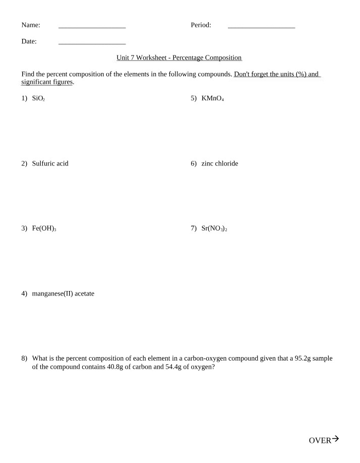 Worksheet on Percentage Composition of Compounds