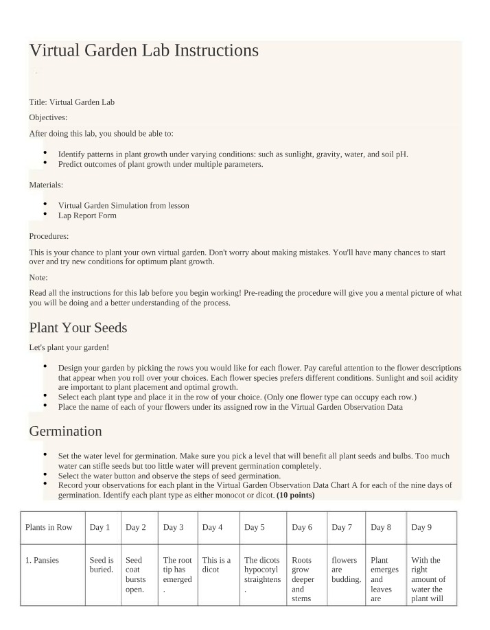 Virtual Garden Lab - Plant Growth Factors