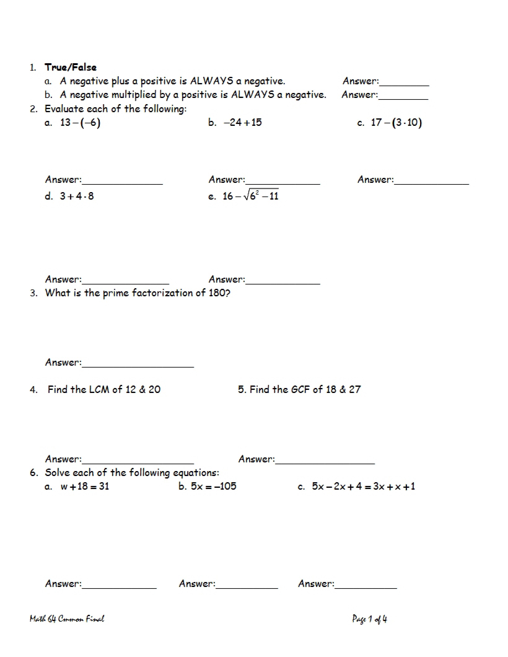 Pre-Algebra Study Guide