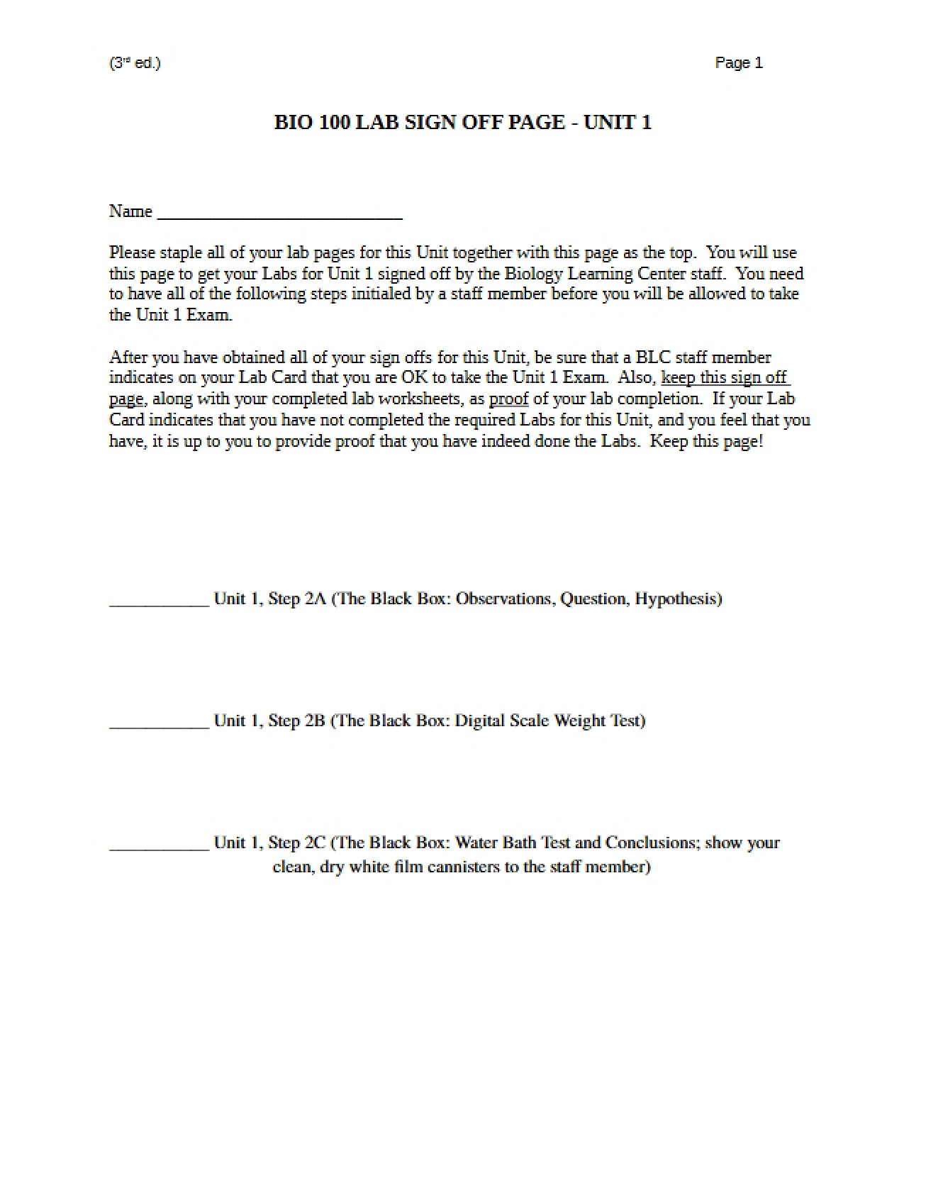 Lab Sign-Off Page for Unit 1