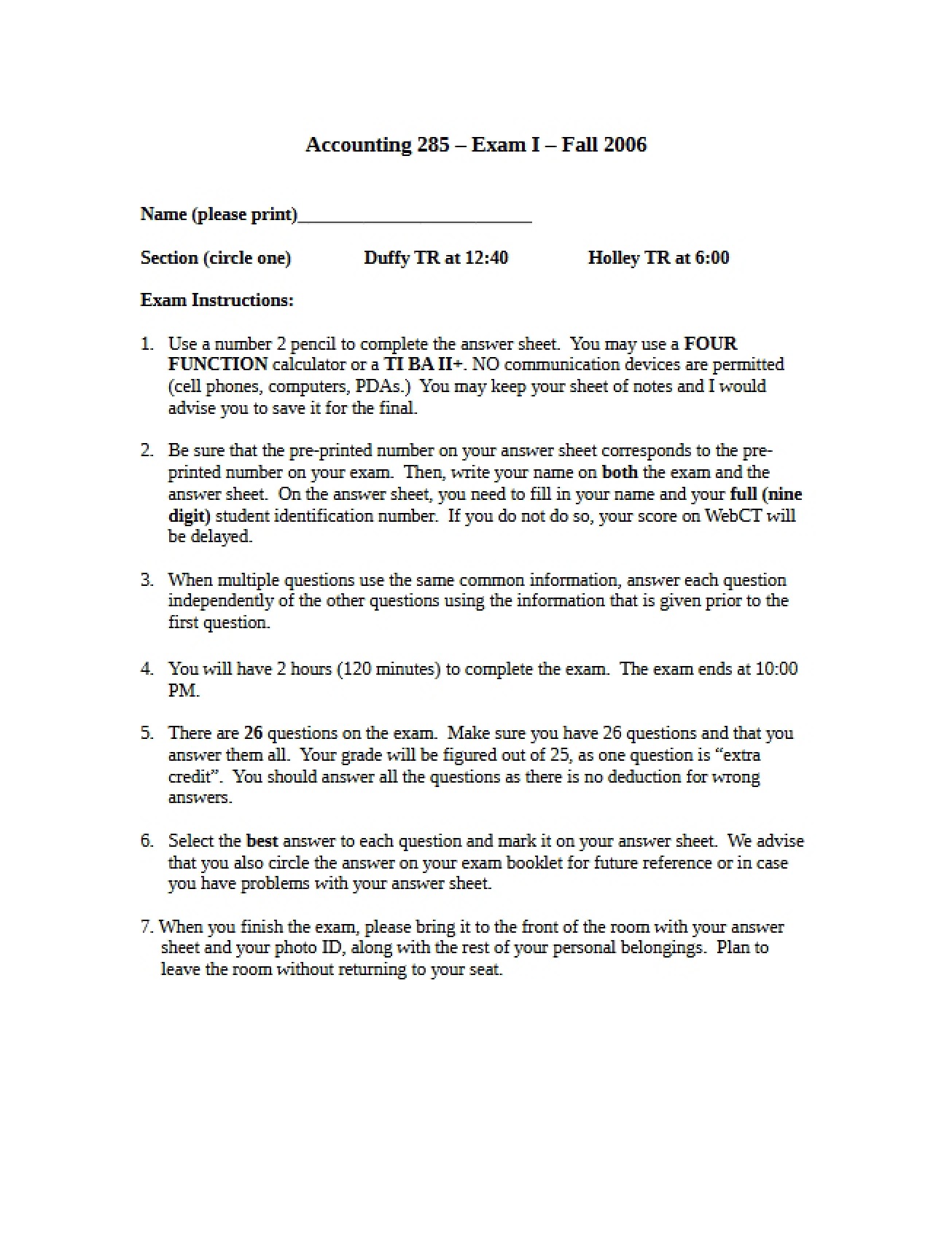 First Managerial Accounting Exam from Fall 2006