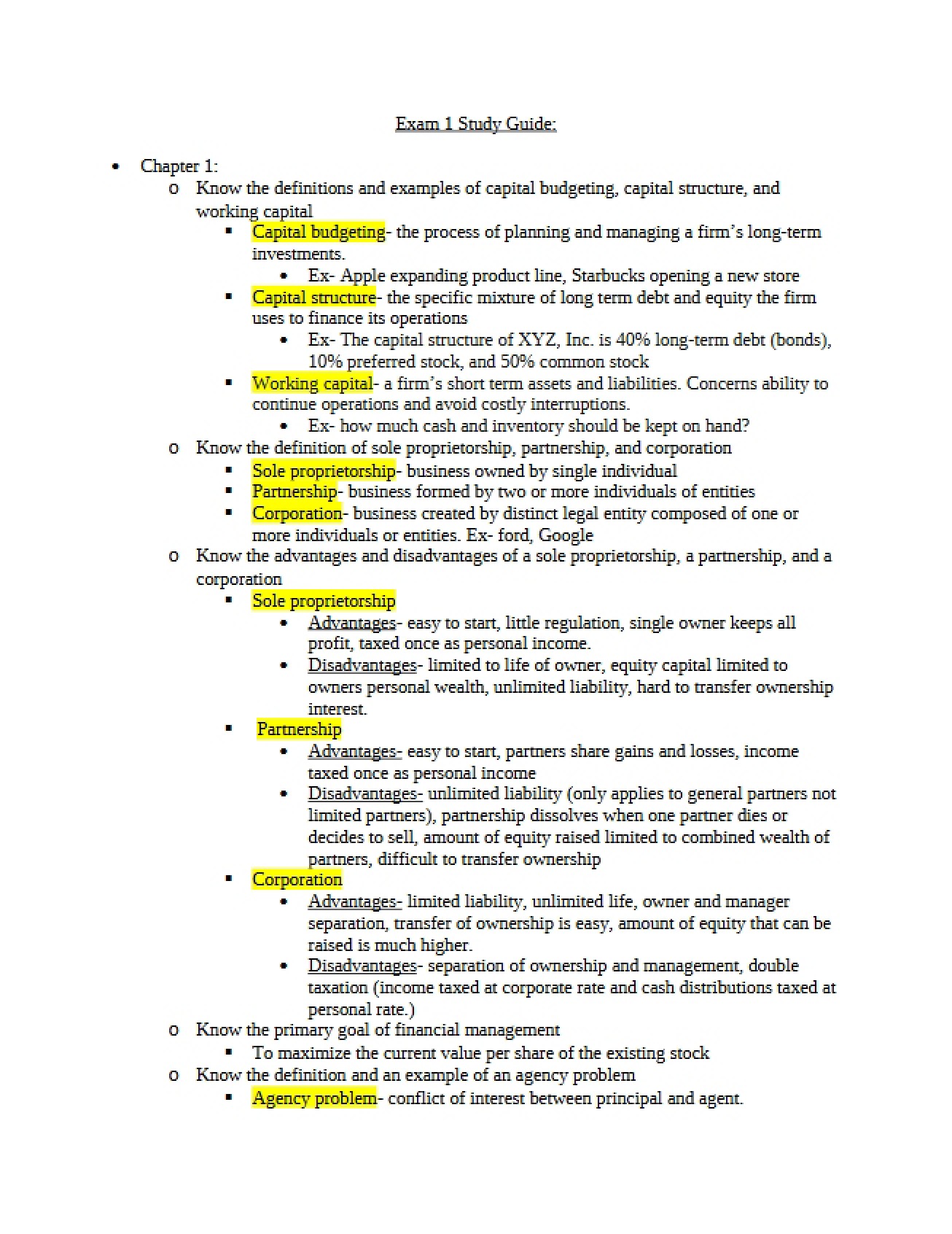 Materials for the First Exam in Financial Management