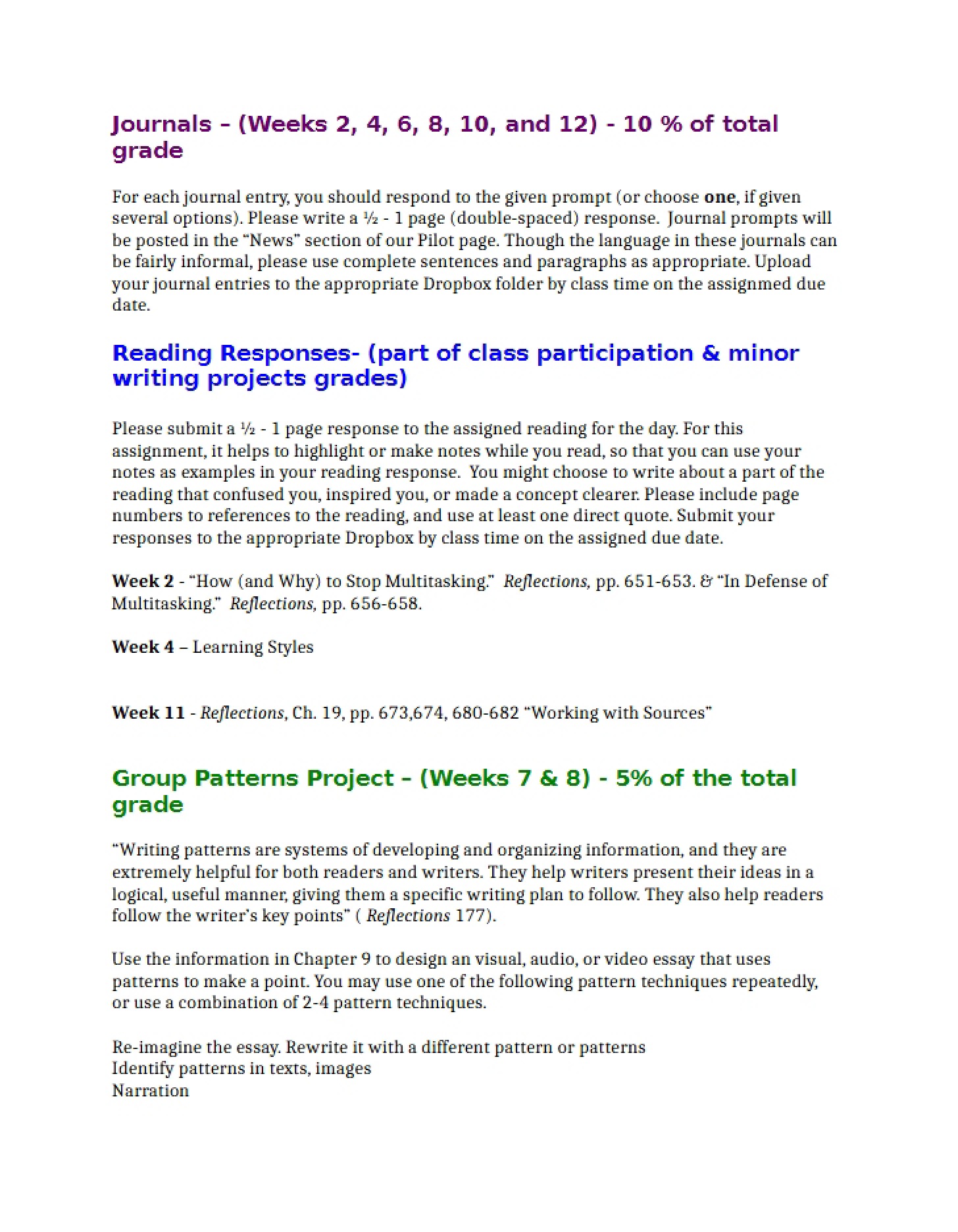 Projects and Minor Writing Assignments
