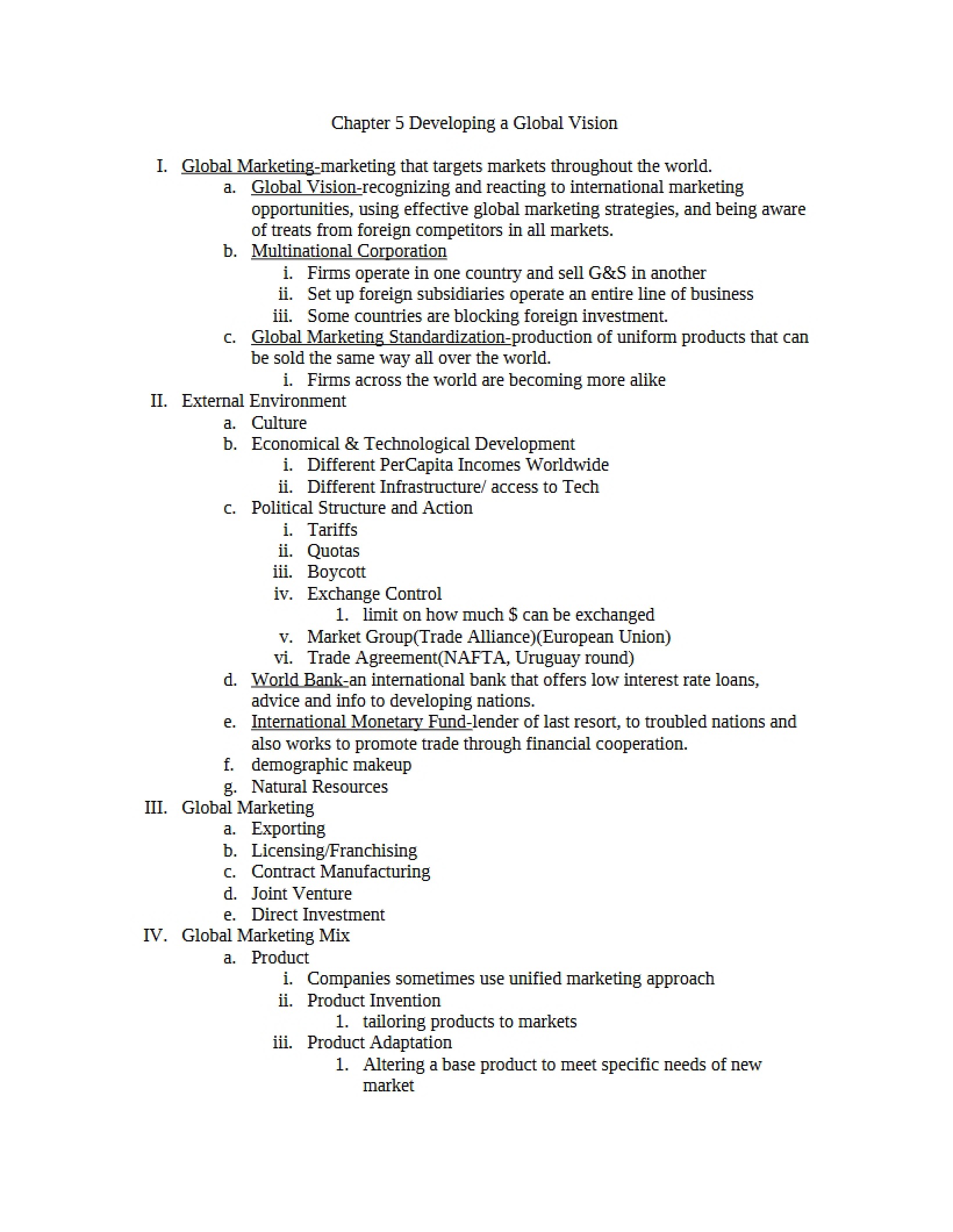 Global Vision Development - Chapter 5 - Marketing Principles and Organization