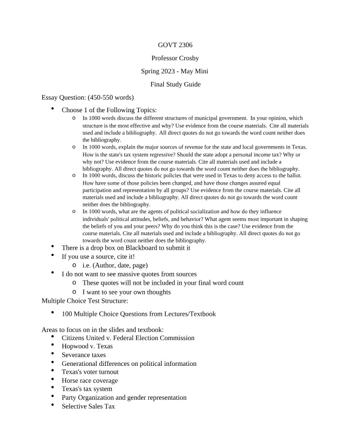 GOVT2306 Final Study Guide